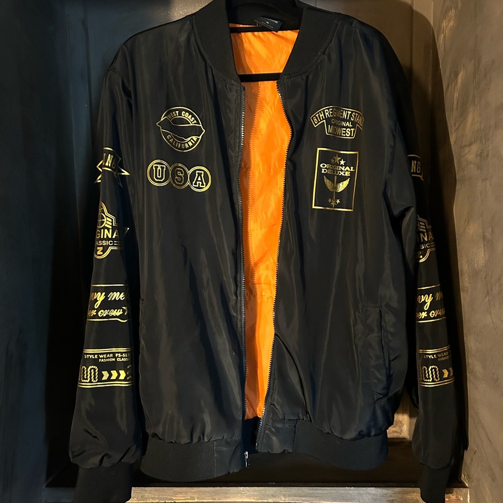 Black Bomber Jacket with Gold Accents